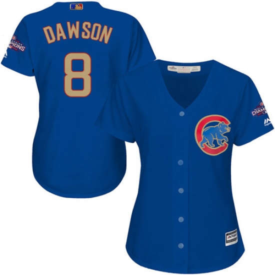 Women's Majestic Chicago Cubs #8 Andre Dawson Authentic Royal Blue 2017 Gold Champion MLB Jersey - Ujersey