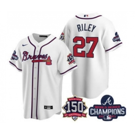 Men's Atlanta Braves #27 Austin Riley 2021 White World Series Champions With 150th Anniversary Patch Cool Base Stitched Jersey - Ujersey
