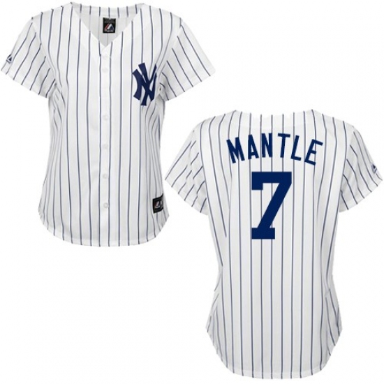 Women's Majestic New York Yankees #7 Mickey Mantle Replica White/Black Strip MLB Jersey - Ujersey