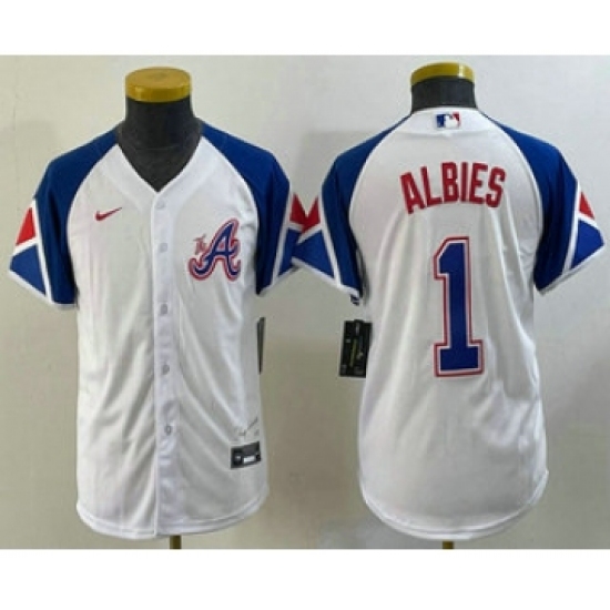 Youth Atlanta Braves #1 Ozzie Albies White 2023 City Connect Cool Base Stitched Jersey - Ujersey