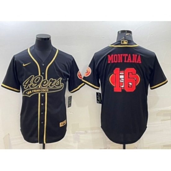 Men's San Francisco 49ers #16 Joe Montana Black Gold Team Big Logo With Patch Cool Base Stitched Baseball Jersey - Ujersey