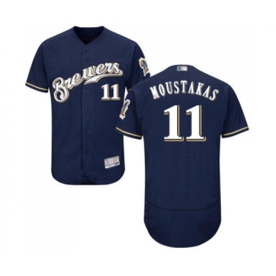 Men's Milwaukee Brewers #11 Mike Moustakas Navy Blue Alternate Flex Base Authentic Collection Baseball Jersey - Ujersey