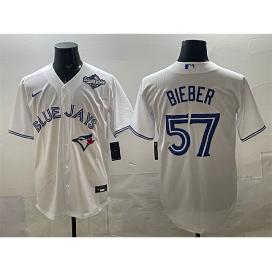 Men's Toronto Blue Jays #57 Shane Bieber White 2025 World Series Home Cool Base Stitched Baseball Jersey