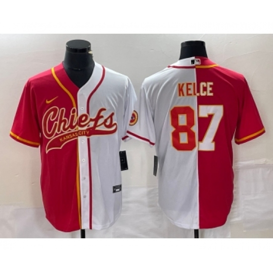 Men's Nike Kansas City Chiefs #87 Travis Kelce Red White Two Tone Cool Base Stitched Baseball Jersey - Ujersey