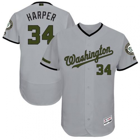 Men's Majestic Washington Nationals #34 Bryce Harper Grey Memorial Day Authentic Collection Flex Base MLB Jersey - Ujersey