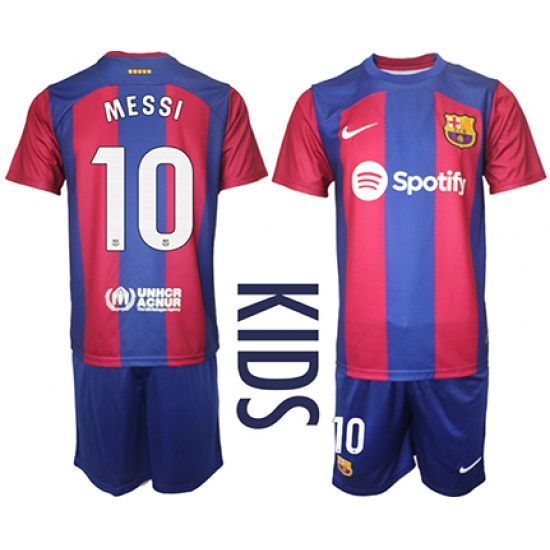 Youth Barcelona #10 Messi Blue Red 2023-24 Home Soccer Jersey