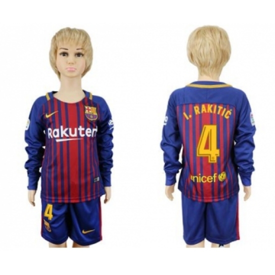 Barcelona #4 I.Rakitic Home Long Sleeves Kid Soccer Club Jersey