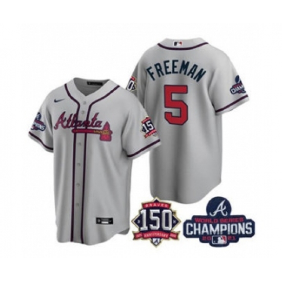 Men's Atlanta Braves #5 Freddie Freeman 2021 Gray World Series Champions With 150th Anniversary Patch Cool Base Stitched Jersey - Ujersey