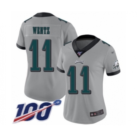 Women's Philadelphia Eagles #11 Carson Wentz Limited Silver Inverted Legend 100th Season Football Jersey - Ujersey