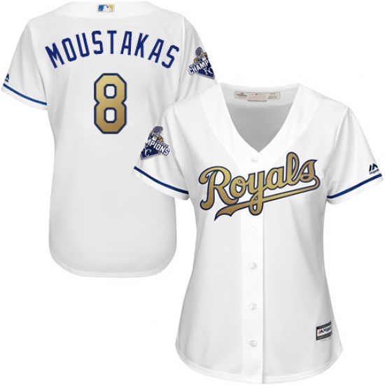 Women's Majestic Kansas City Royals #8 Mike Moustakas Authentic White 2015 World Series Champions Gold Program Cool Base MLB Jersey - Ujersey
