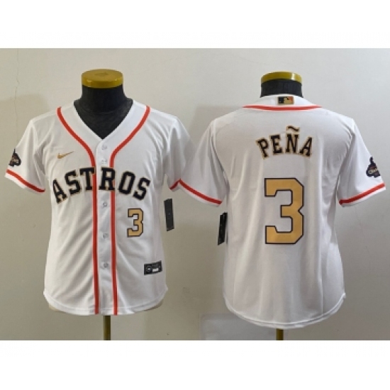 Youth Houston Astros #3 Jeremy Pena Number 2023 White Gold World Serise Champions Cool Base Stitched Jersey - Ujersey