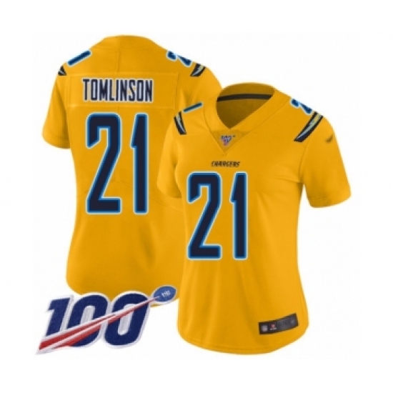 Women's Los Angeles Chargers #21 LaDainian Tomlinson Limited Gold Inverted Legend 100th Season Football Jersey - Ujersey