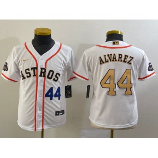 Youth Houston Astros #44 Yordan Alvarez Number 2023 White Gold World Serise Champions Cool Base Stitched Jersey1 - Ujersey