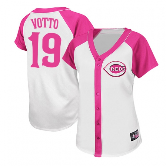 Women's Majestic Cincinnati Reds #19 Joey Votto Replica White/Pink Splash Fashion MLB Jersey - Ujersey