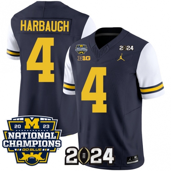Men's Michigan Wolverines #4 Jim Harbaugh Navy White 2024 F.U.S.E. With 2023 National Champions Stitched Jersey - Ujersey