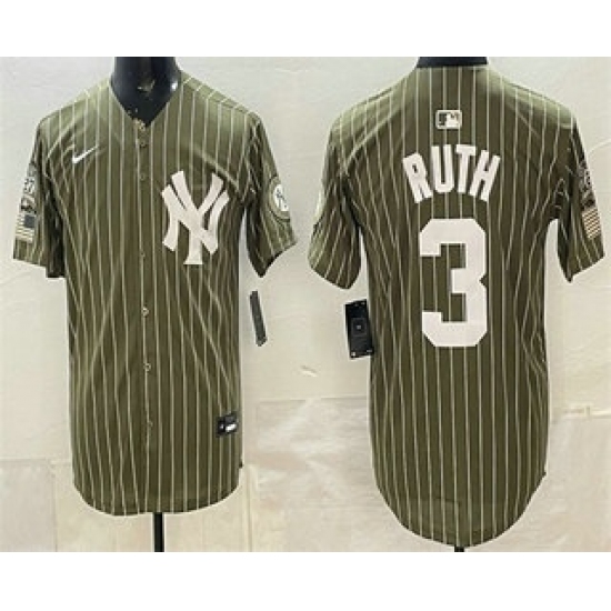 Men's New York Yankees #3 Babe Ruth Olive Pinstripe 2026 Armed Forces Day Salute To Service Jersey - Ujersey