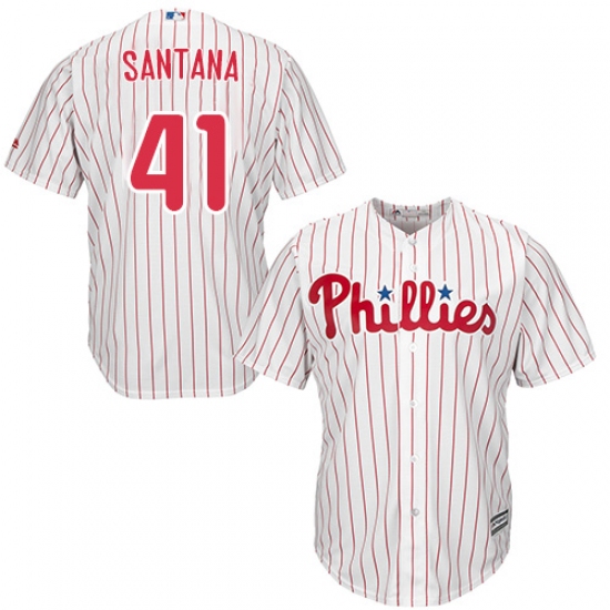 Youth Majestic Philadelphia Phillies #41 Carlos Santana Replica White/Red Strip Home Cool Base MLB Jersey - Ujersey