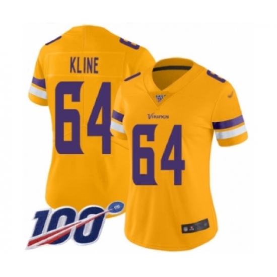 Women's Minnesota Vikings #64 Josh Kline Limited Gold Inverted Legend 100th Season Football Jersey - Ujersey