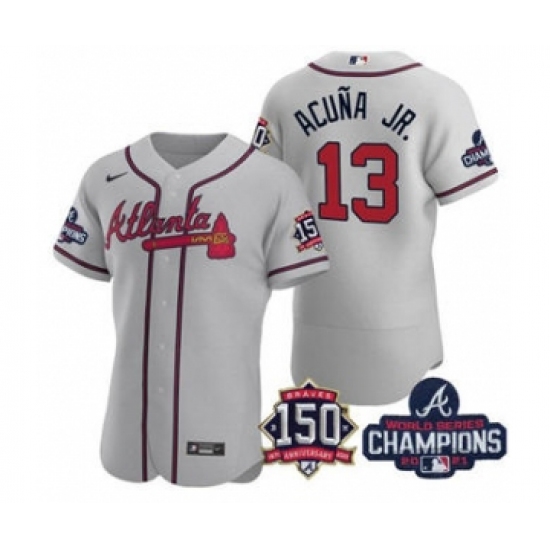 Men's Atlanta Braves #13 Ronald Acuna Jr. 2021 Gray World Series Champions With 150th Anniversary Flex Base Stitched Jersey - Ujersey
