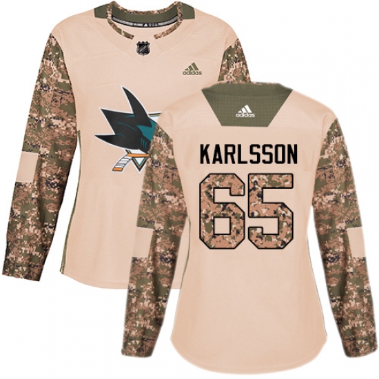 Women's Adidas San Jose Sharks #65 Erik Karlsson Authentic Camo Veterans Day Practice NHL Jersey - Ujersey
