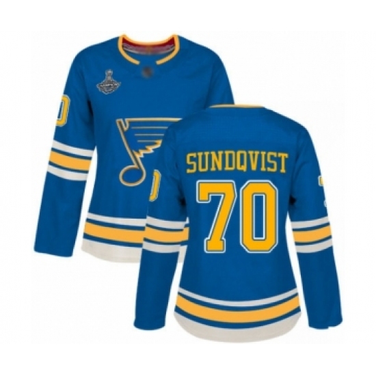 Women's St. Louis Blues #70 Oskar Sundqvist Authentic Navy Blue Alternate 2019 Stanley Cup Champions Hockey Jersey - Ujersey