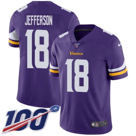 Men's Minnesota Vikings #18 Justin Jefferson Purple Team Color Stitched NFL 100th Season Vapor Untouchable Limited Jersey - Ujersey