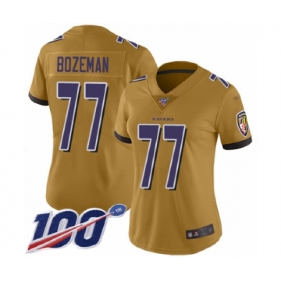 Women's Baltimore Ravens #77 Bradley Bozeman Limited Gold Inverted Legend 100th Season Football Jersey - Ujersey