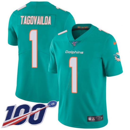 Men's Miami Dolphins #1 Tua Tagovailoa Aqua Green Team Color Stitched 100th Season Vapor Untouchable Limited Jersey - Ujersey