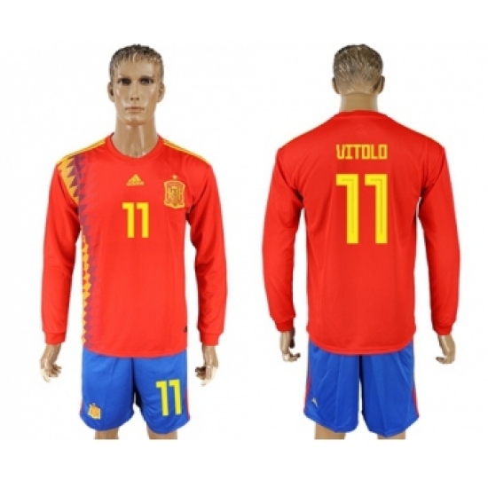 Spain #11 Vitolo Red Home Long Sleeves Soccer Country Jersey