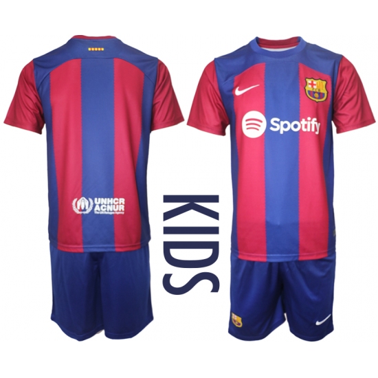 kids Barcelona Blank Blue Red 2023-24 Home Soccer Jersey