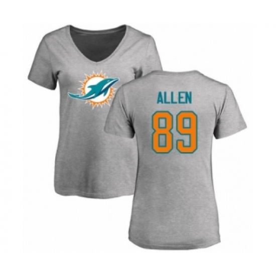 Football Women's Miami Dolphins #89 Dwayne Allen Ash Name & Number Logo T-Shirt - Ujersey