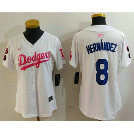 Women's Los Angeles Dodgers #8 Kike Hernandez White Pink With Limited Stitched Jersey - Ujersey