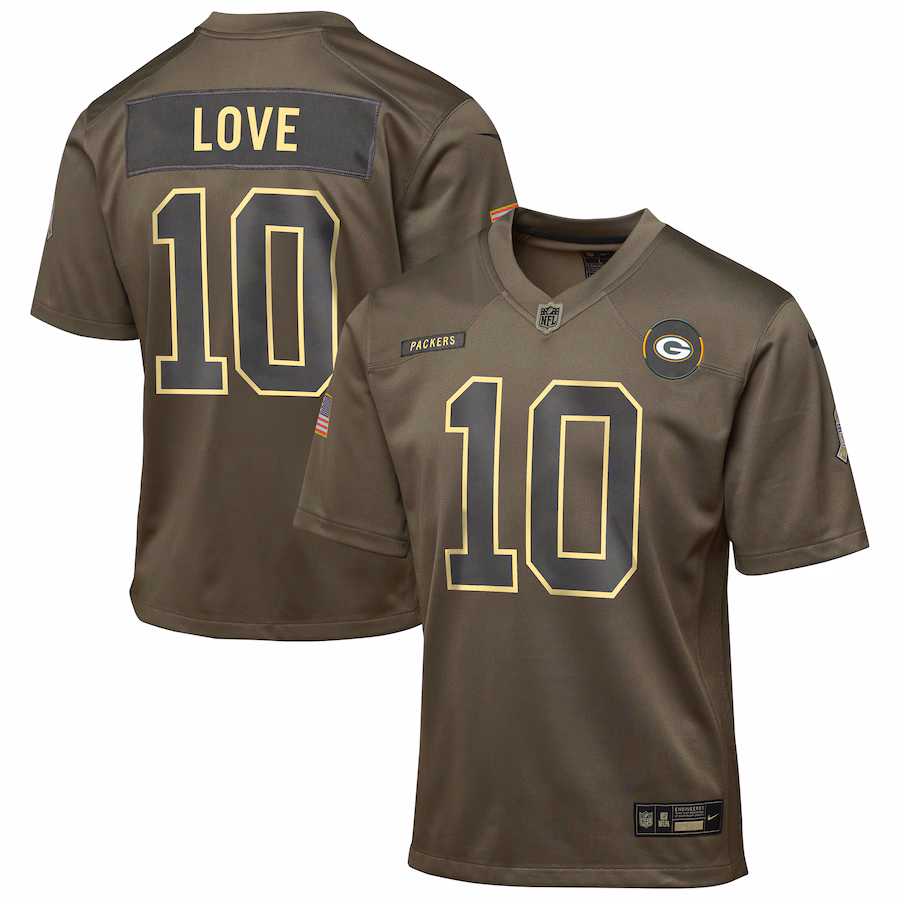 Youth Green Bay Packers Jordan Love Nike Olive 2025 Salute to Service Game Jersey - Ujersey