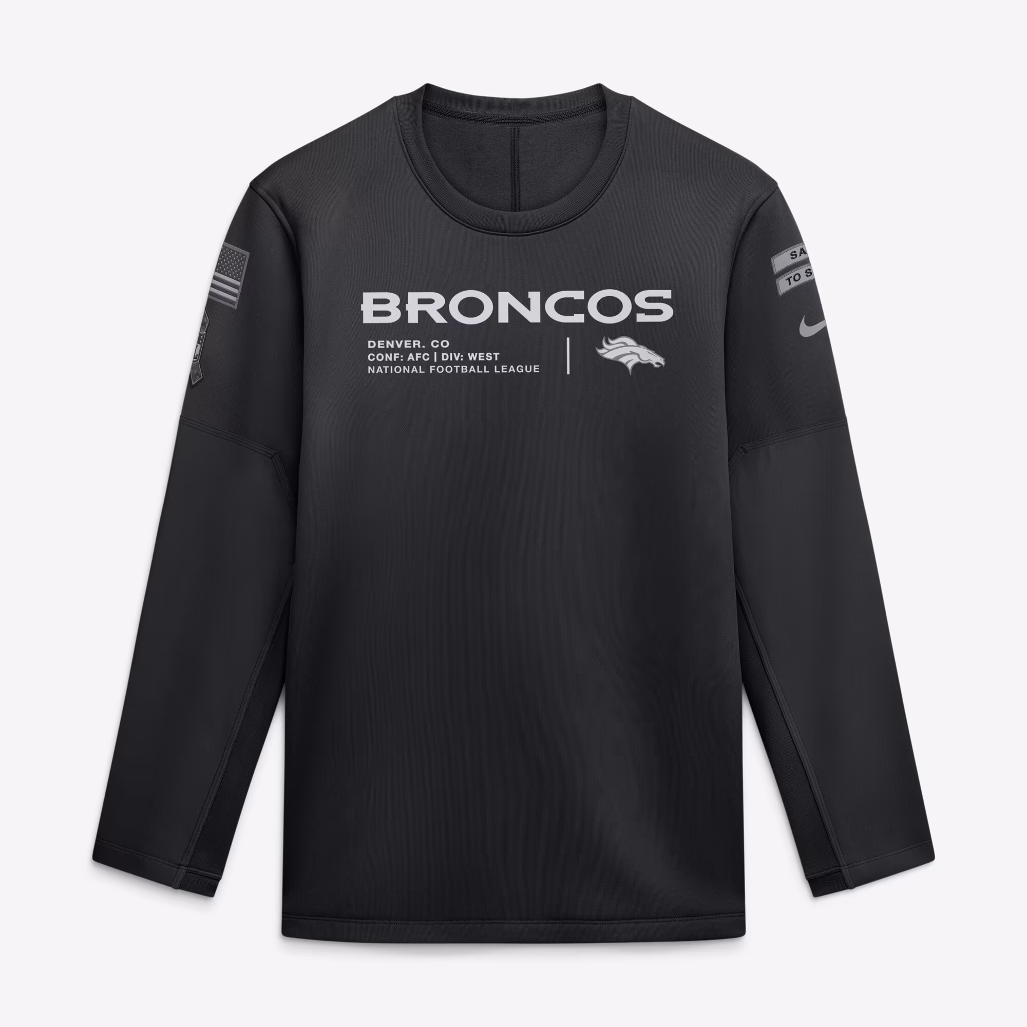Men's Denver Broncos  Nike Black 2026 Salute to Service Sideline Coaches Crewneck Therma-FIT Sweatshirt - Ujersey Shop