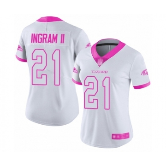 Women's Baltimore Ravens #21 Mark Ingram II Limited White Pink Rush Fashion Football Jersey - Ujersey