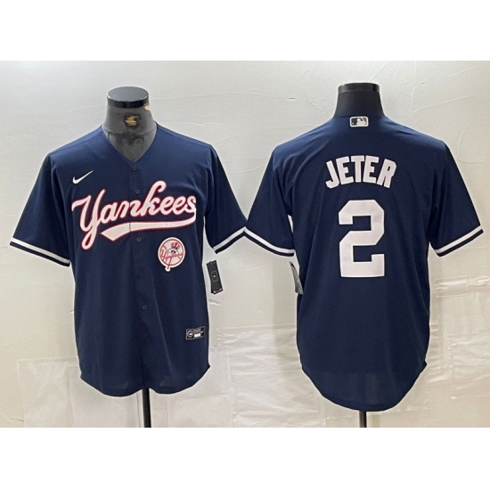 Men's New York Yankees #2 Derek Jeter Navy With Cool Base Stitched Baseball Jersey - Ujersey