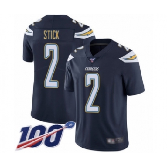 Men's Los Angeles Chargers #2 Easton Stick Navy Blue Team Color Vapor Untouchable Limited Player 100th Season Football Jersey - Ujersey