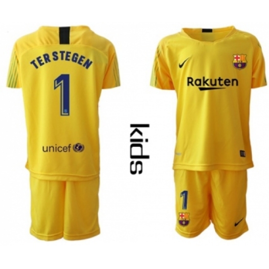 Barcelona #1 Ter Stegen Yellow Goalkeeper Kid Soccer Club Jersey
