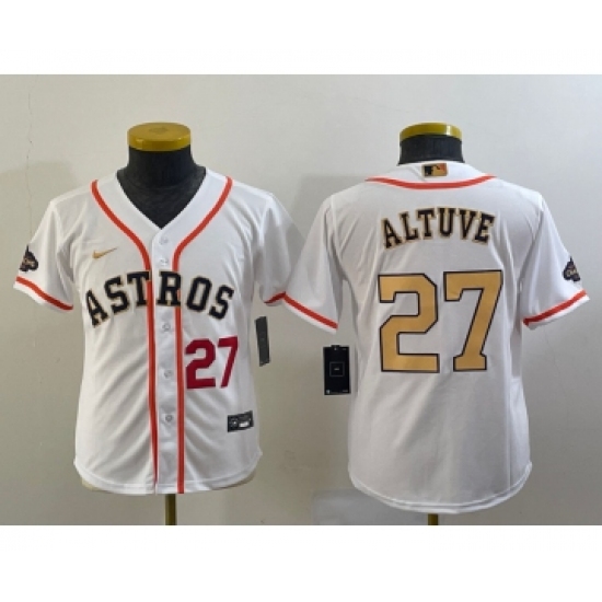 Youth Houston Astros #27 Jose Altuve Number 2023 White Gold World Serise Champions Cool Base Stitched Jersey - Ujersey