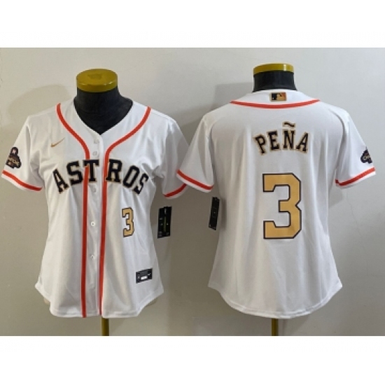 Women's Houston Astros #3 Jeremy Pena Number 2023 White Gold World Serise Champions Cool Base Stitched Jersey - Ujersey