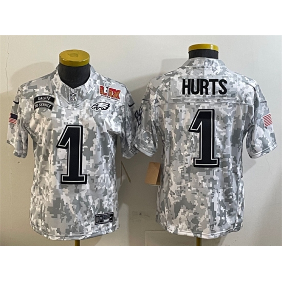 Women's Philadelphia Eagles #1 Jalen Hurts 2025 Super Bowl LIX F.U.S.E. Arctic Camo Salute to Service Limited Football Stitched Jersey(Run Small) - Ujersey