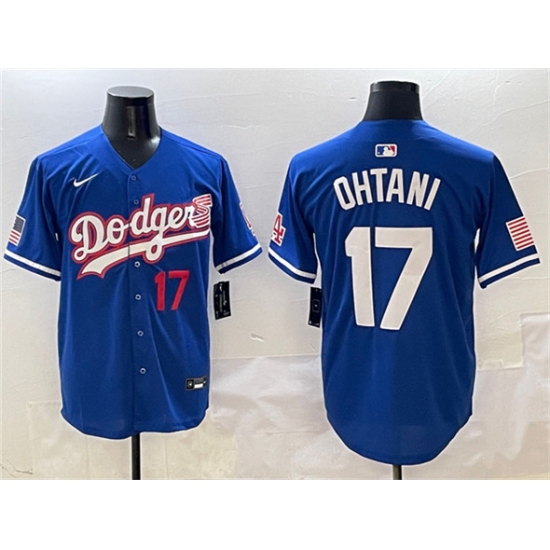 Men's Los Angeles Dodgers #17 Shohei Ohtani Royal With American Flag Limited Stitched Baseball Jersey - Ujersey