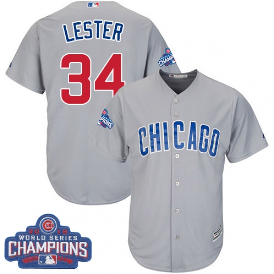 Youth Majestic Chicago Cubs #34 Jon Lester Authentic Grey Road 2016 World Series Champions Cool Base MLB Jersey - Ujersey