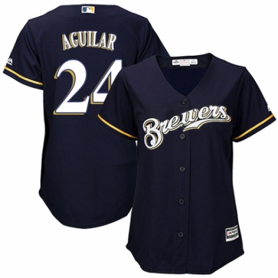 Women's Majestic Milwaukee Brewers #24 Jesus Aguilar Authentic Navy Blue Alternate Cool Base MLB Jersey - Ujersey