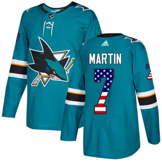 Youth Adidas San Jose Sharks #7 Paul Martin Authentic Teal Green USA Flag Fashion NHL Jersey - Ujersey