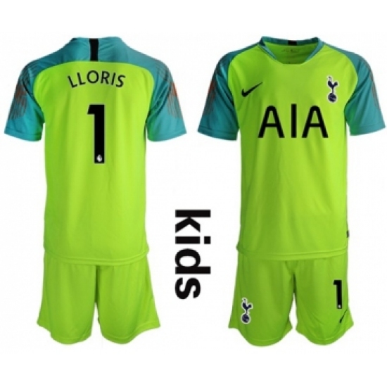 Tottenham Hotspur #1 Lloris Shiny Green Goalkeeper Kid Soccer Club Jersey