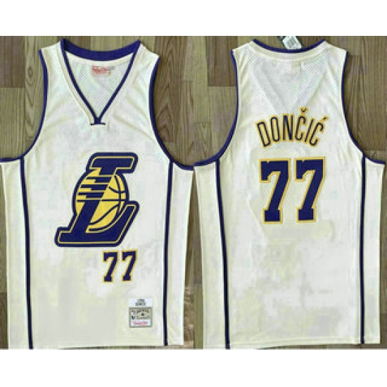Men's Los Angeles Lakers #77 Luka Doncic Cream Throwback Swingman Jersey - Ujersey
