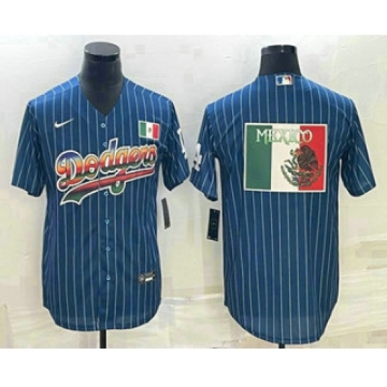 Men's Los Angeles Dodgers Big Logo Navy Blue Pinstripe Stitched MLB Cool Base Nike Jersey3 - Ujersey