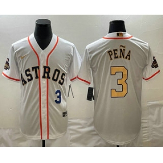 Men's Houston Astros #3 Jeremy Pena 2023 White Gold World Serise Champions Cool Base Stitched Jersey - Ujersey