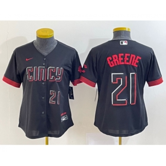 Women's Cincinnati Reds #21 Hunter Greene Number Black 2023 City Connect Cool Base Stitched Jersey1 - Ujersey